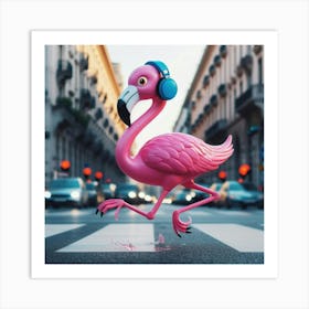 Pink Flamingo Crossing The Street Art Print