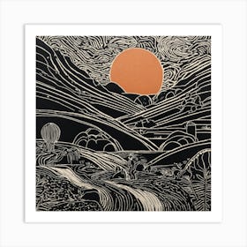 Abstract Sunset In The Mountains Linocut Illustration Art Print