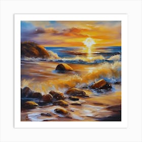 The sea. Beach waves. Beach sand and rocks. Sunset over the sea. Oil on canvas artwork.41 Art Print