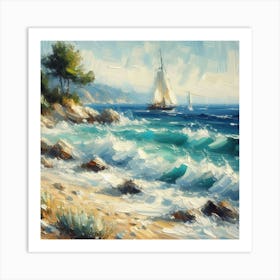 Sailboat On The Beach, Acrylic Painting Style 3 Art Print