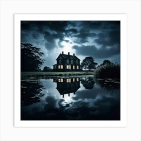 Old House Reflected In A Tranquil Pond Cumulus Clouds Undulating Above Set Against A Stark Black B Art Print