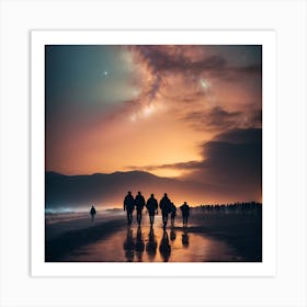 People Walking On The Beach At Night Art Print