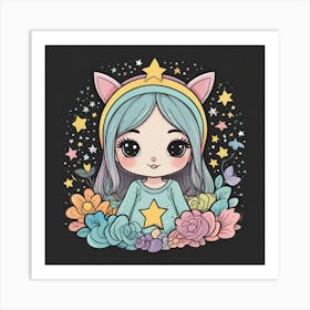 Cat Girl With Stars Art Print