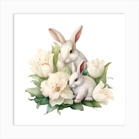 Rabbits With Flowers 1 Art Print