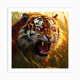 Abstract Expressionism Mean Tiger Charging At Camera In The Long Tan Grass Angry Teeth Showing Art Print