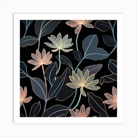 Lotus Flowers On Black Background Art Print