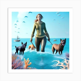 Woman And Her Dogs In The Ocean Art Print