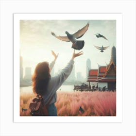 Girl With Pigeons 2 Art Print