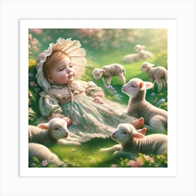 Little Lambs and a girl Art Print