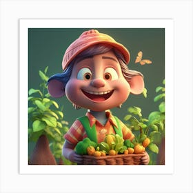 Cartoon Farmer Holding A Basket Of Vegetables 1 Art Print