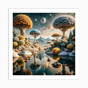 A fantasy landscape with colorful mushroom-like trees. Art Print