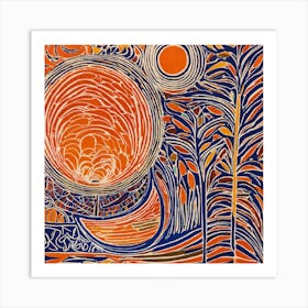 Abstract Sunrise Linocut Illustration Art Print