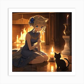 Anime Girl With Cat Art Print