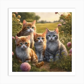 Four Cats In A Field Art Print