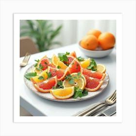 Watercolor Depiction Of A Fresh And Tangy Citrus Salad On A Modern Dining Table Art Print