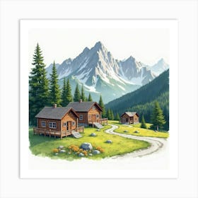 Scenic Mountain Lodge In Watercolor, With Log Cabins And Forest Views Art Print