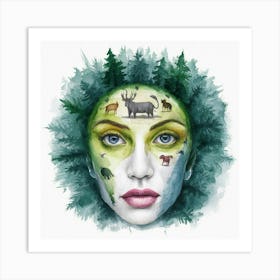 Woman With Animals On Her Face Art Print