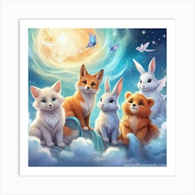 Cute wall decor of Rabbits squirrels and Foxes In The Sky Art Print