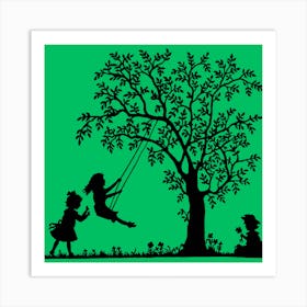 Silhouette Of Children Swinging Art Print