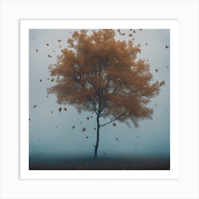 The Wind Blows Hardly, An Expansive View Of Many Leaves Fly,Sad,Fog,Sorrow, There Is Blank Place,Blu Art Print