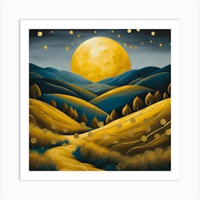 Moonlight In The Hills Golden and Bright Landscape art Art Print