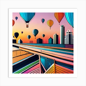 Hot Air Balloons In The Sky, Digital Art Print, Colorful Aesthetic Art, Modern City Skyline, Home Decor Art Print