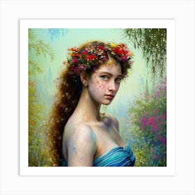 Girl With Flowers In Her Hair Art Print