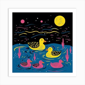 Duckling Under The Stars Linocut Style 4 Art Print