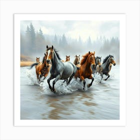 Horses Running In The River 9 Art Print