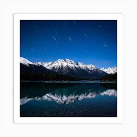 Snow Capped Mountains Bathed In Moonlight Throw Their Reflection On The Star Bedecked Lake Thats La Art Print