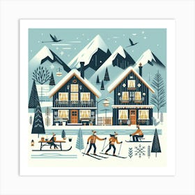 Scandinavian style, Mountains and snow and skiers Art Print