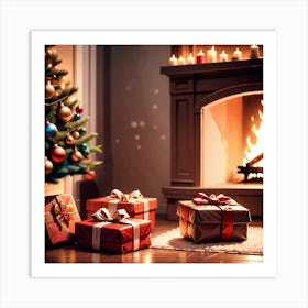 Christmas Presents In Front Of Fireplace 18 Art Print