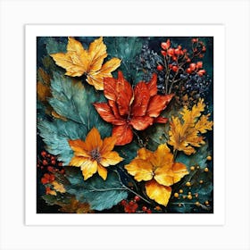 Autumn Leaves, Design A Piece Featuring Elements Of Nature Such As Leaves And Flowers, Autumn Flowers Art Print