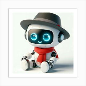 A cute and adorable robot wearing a hat and scarf sits on a white background, looking up with its big, blue eyes full of curiosity and wonder Art Print