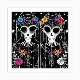 Day Of The Dead Skulls LBGTQ love whimsical minimalistic line art Art Print