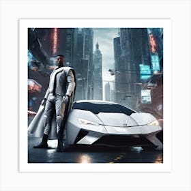 Futuristic Man Standing Next To Futuristic Car Art Print