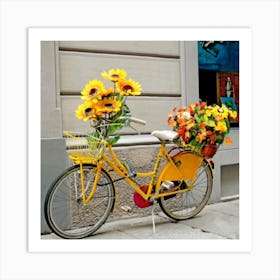 Yellow Bicycle With Flowers Art Print