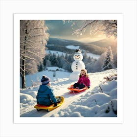 Two Children Playing In The Snow Art Print