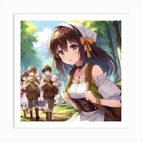 Anime Girl on a Camping Adventure in the Forest with Friends Art Print