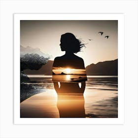 Sunset Silhouette Of A Woman Art Print