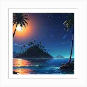 Serene Tropical Island at Moonlit Night With Glistening Ocean Waters Art Print