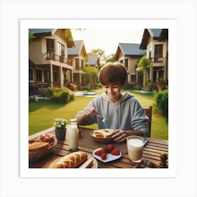 Boy Eating Breakfast At Home Art Print