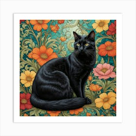 Black Cat With Flowers 5 Art Print