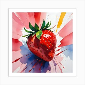 A Single, Large Strawberry Against A Backdrop Of Pink And Blue Watercolor Splashes Art Print