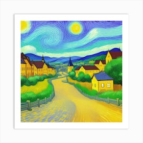 Timeless Tranquility: A Rustic Village Portrait Starry Night Art Print