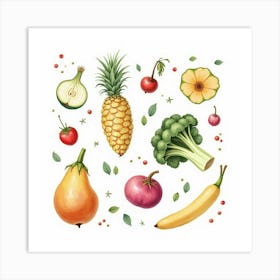 Sophisticated Watercolor Depiction Of Assorted Veggies And Fruits With An Elegant Touch 1 Art Print