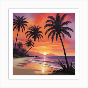 Sunset Palm Trees paintings art print Art Print