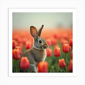 Rabbit In A Blooming Tulip Field 1 Art Print