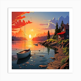 Sunset By The Lake,Beautiful sea landscape with water and nature Art Print