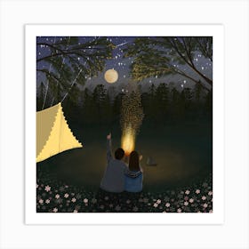 A Couple With Camping Fire Square Art Print